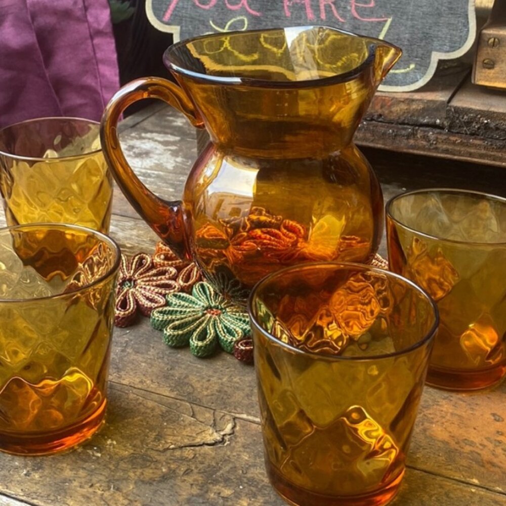 Vintage Hazel Atlas Amber Glass Juice Set 1 Pitcher 4 Glasses Retro 1970s